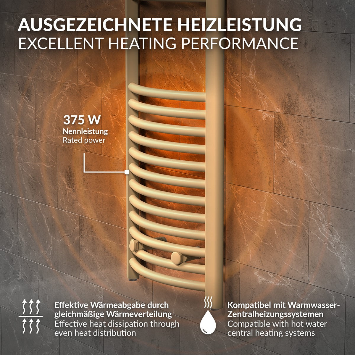 Beige Handtuchheizkörper mit Informationen zur Heizleistung.