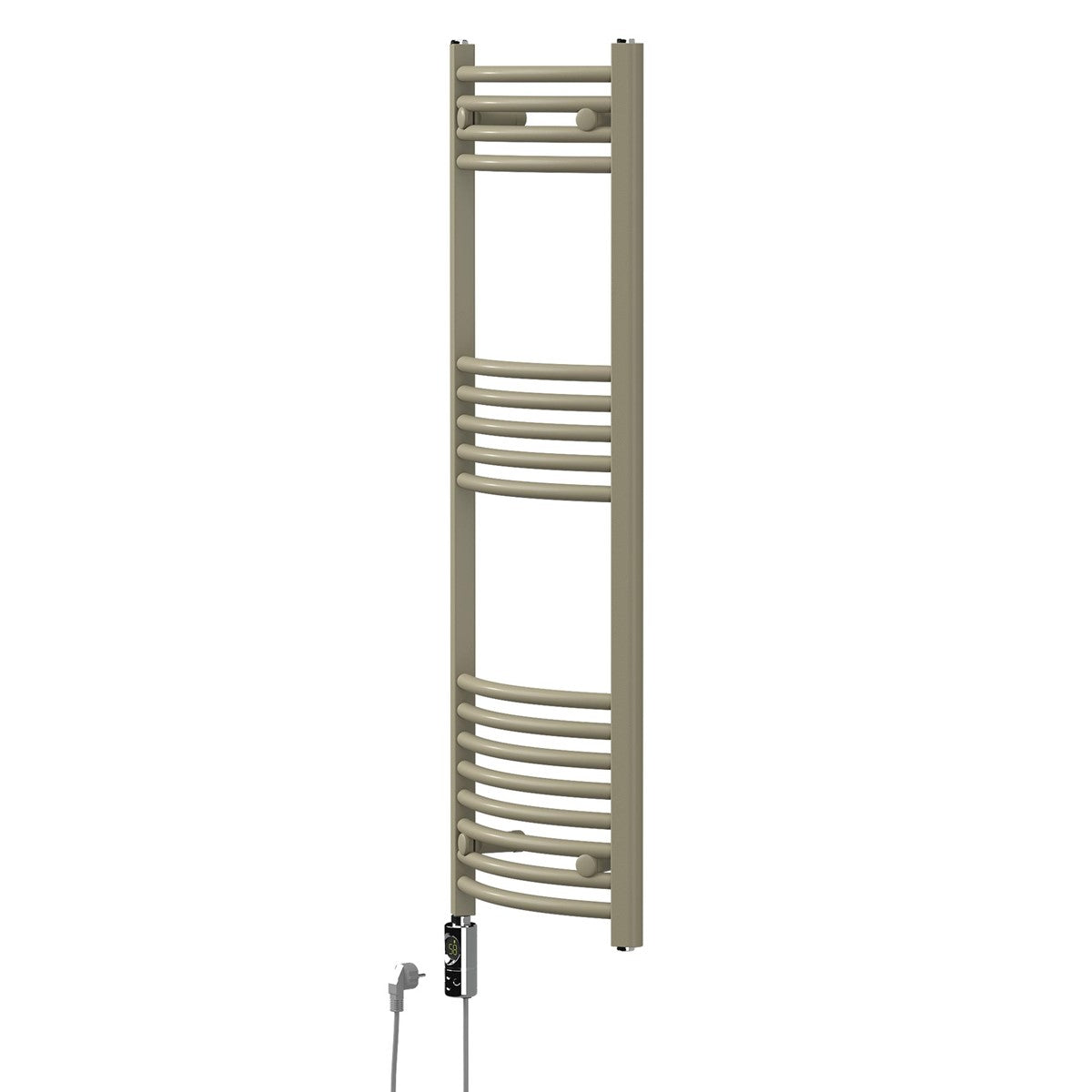 Beige Handtuchheizkörper an einer Wand mit Stecker und Kabel.