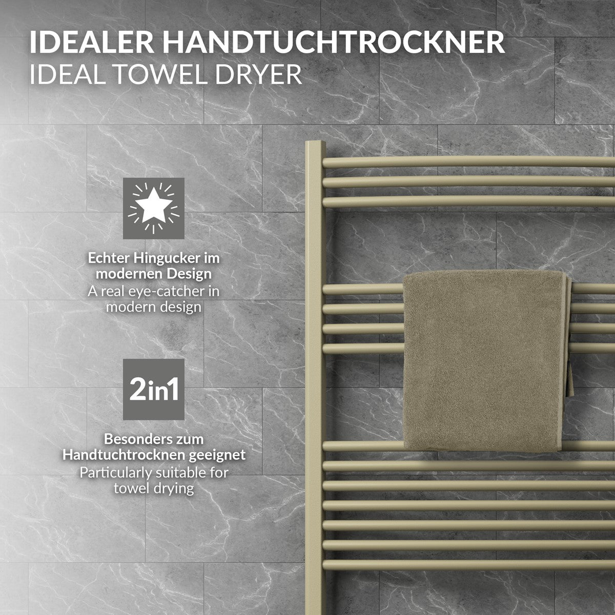Handtuchwärmer in modernem Design mit einem Handtuch auf einem Regal.