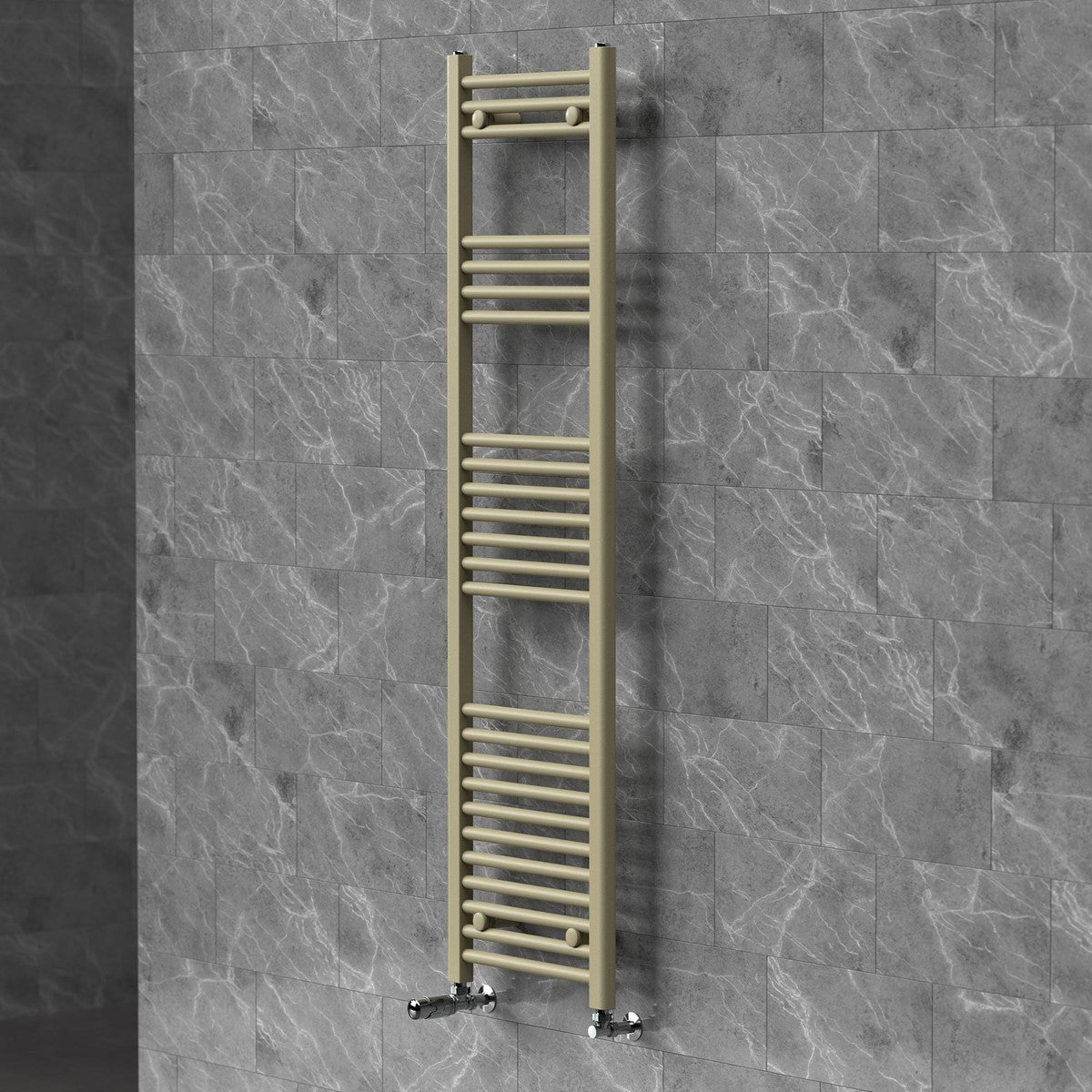 Beige Heizkörper an einer grauen Wand mit zwei Anschlüssen.