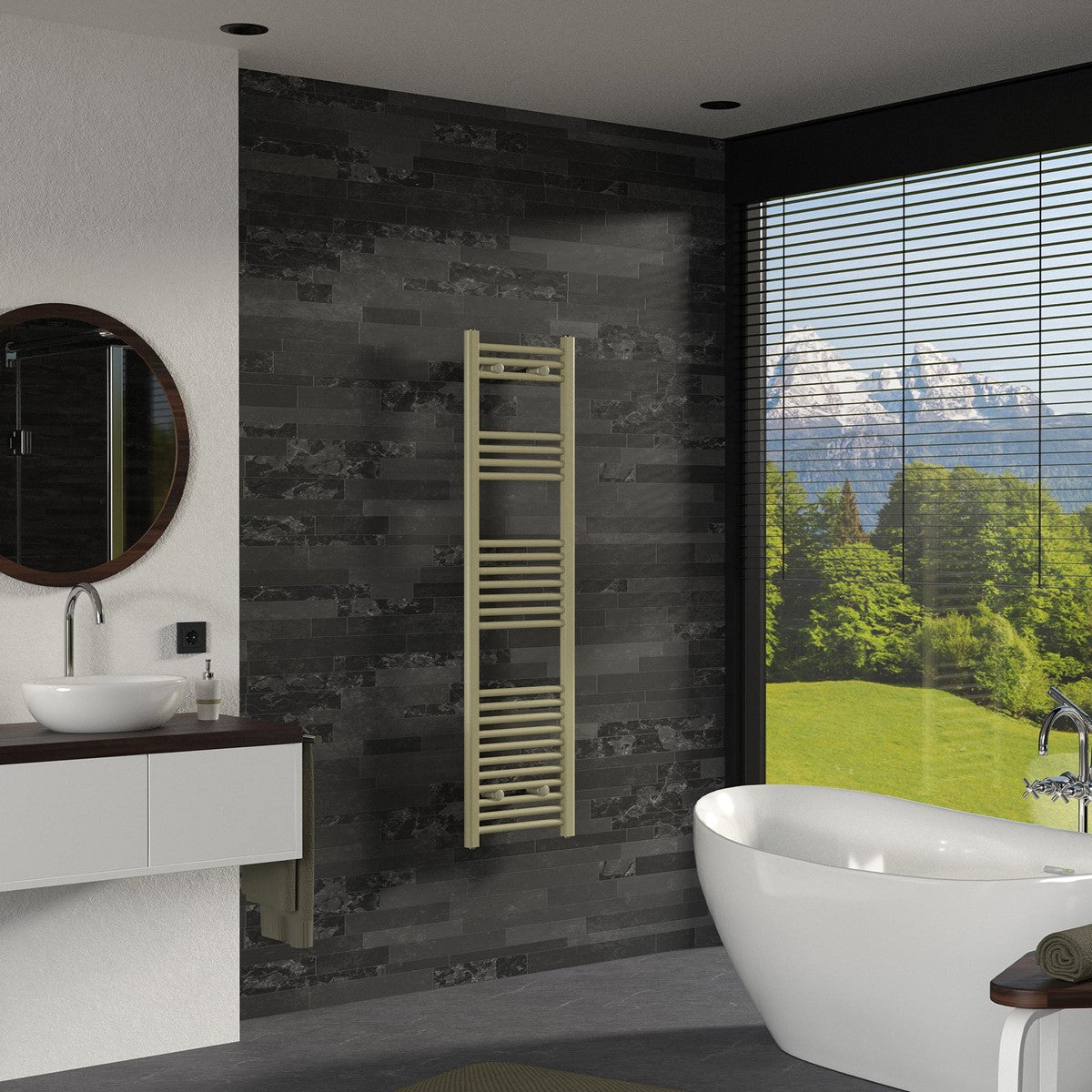 Ein modernes Badezimmer mit Handtuchheizkörper und Blick auf die Berge.