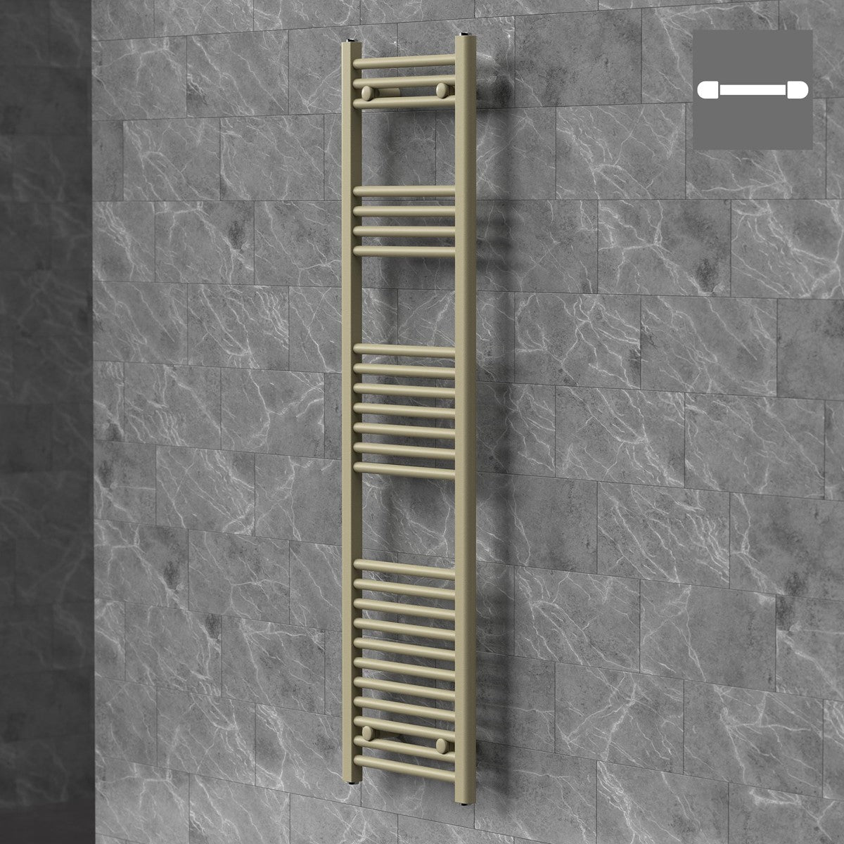 Handtuchwärmer an einer Wand, mit mehreren horizontalen Stangen.