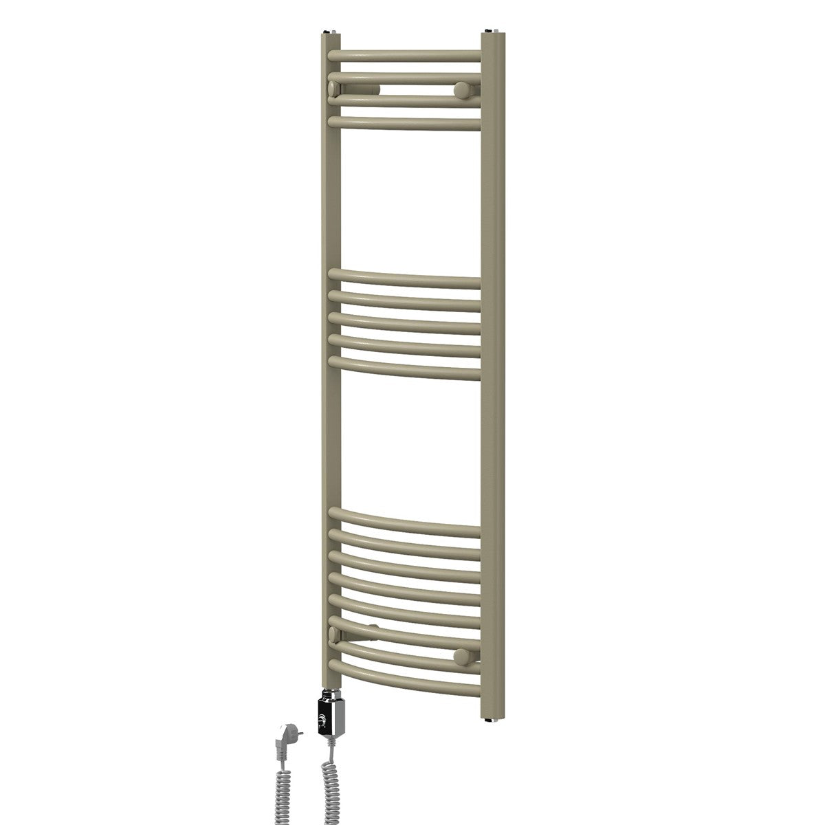 Beige Handtuchtrockner an einer grauen Wand in einem Badezimmer.