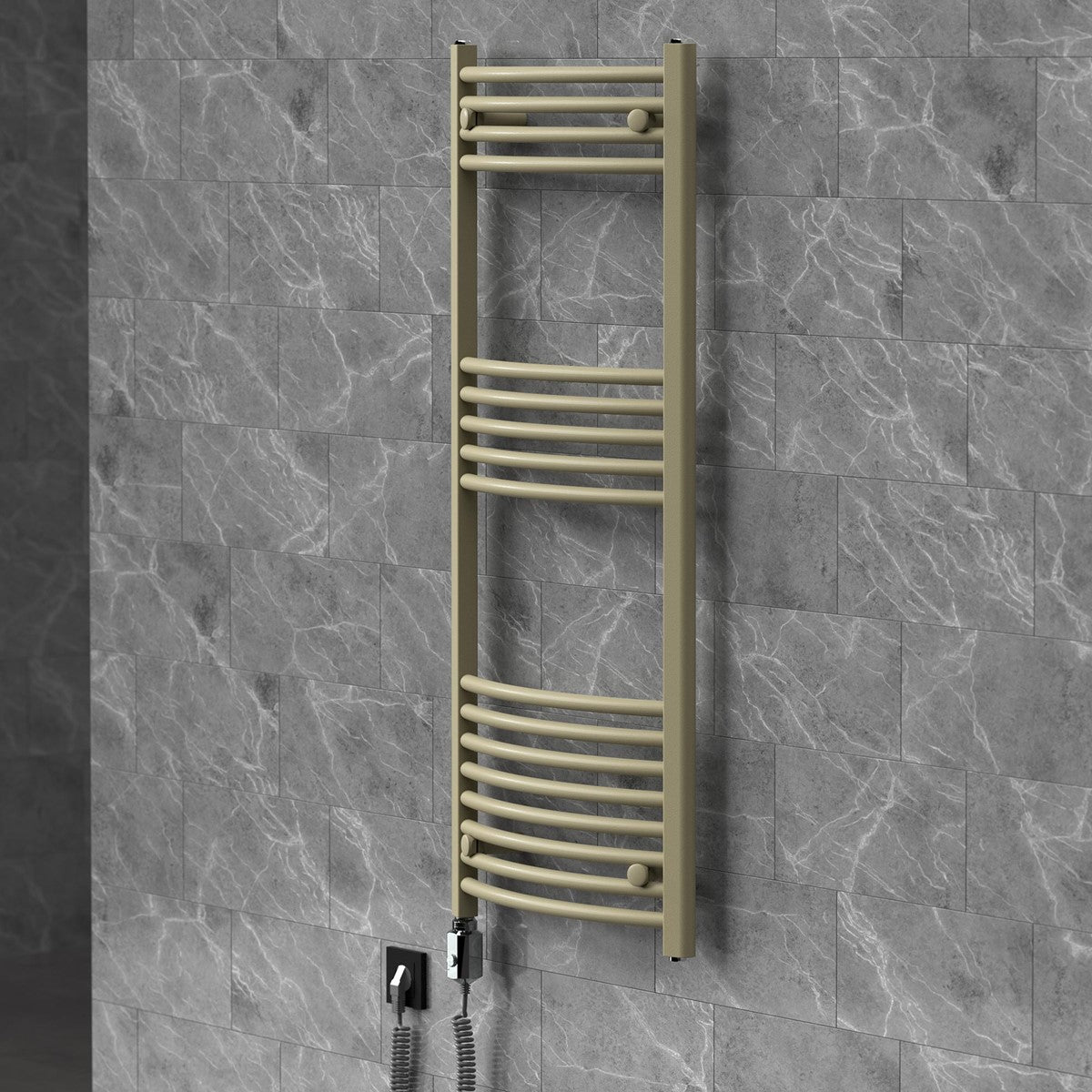Radiateur sèche-serviettes beige sur un mur carrelé de gris.