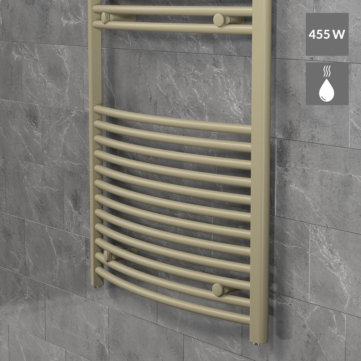 Radiator portprosop bej pe un perete placat cu gresie gri, cu simboluri pentru 455 W și căldură alături.