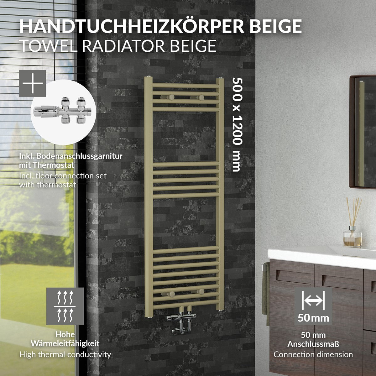 Beige Handtuchheizkörper mit Abmessungen und Details.