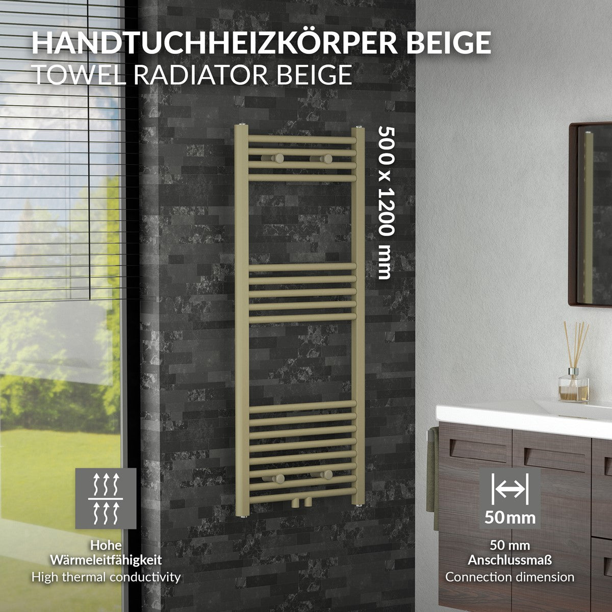 Beiger Handtuchheizkörper an einer Wand, Maße 500 x 1200 mm.
