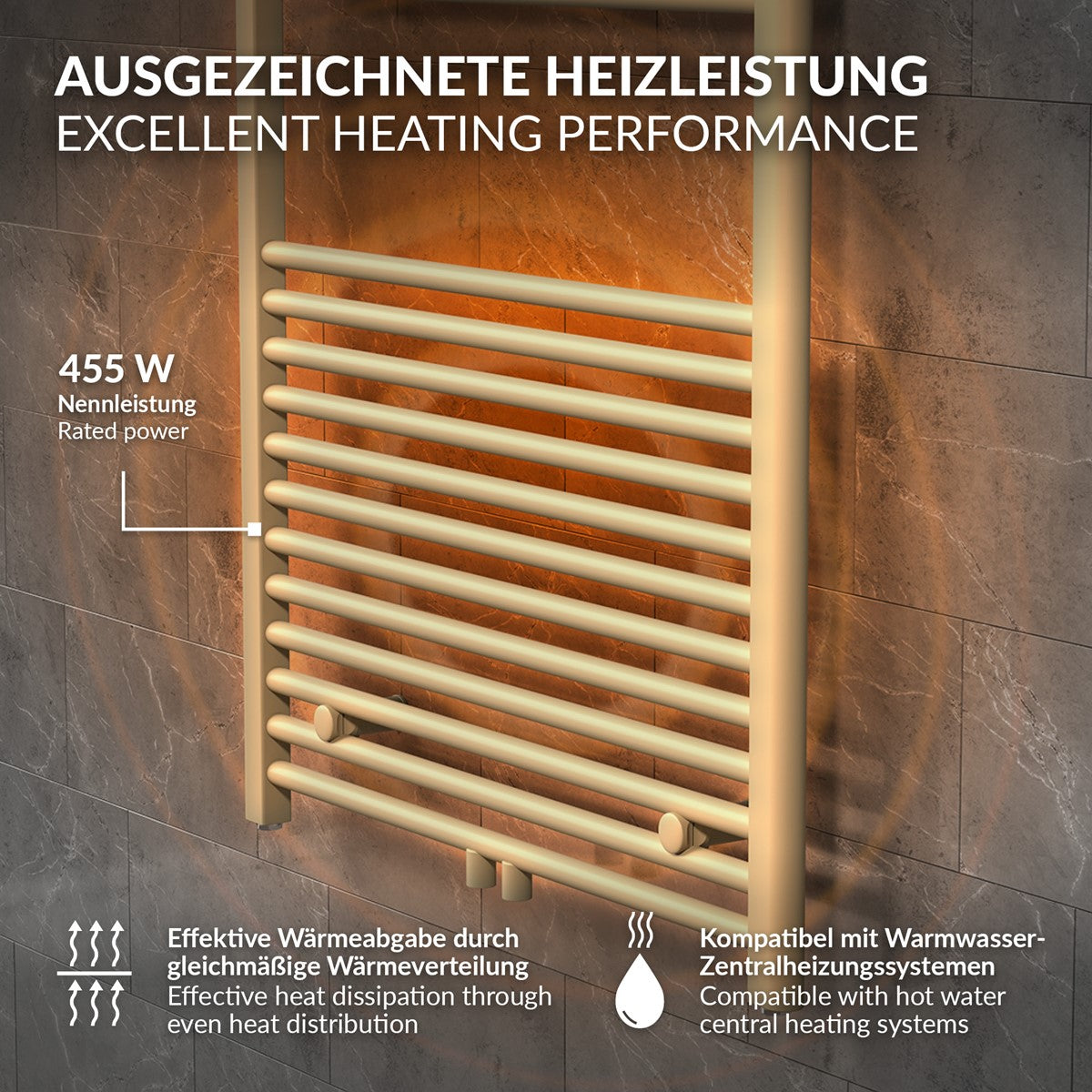 Heizkörper mit 455 W Nennleistung, beige, an einer Wand montiert.