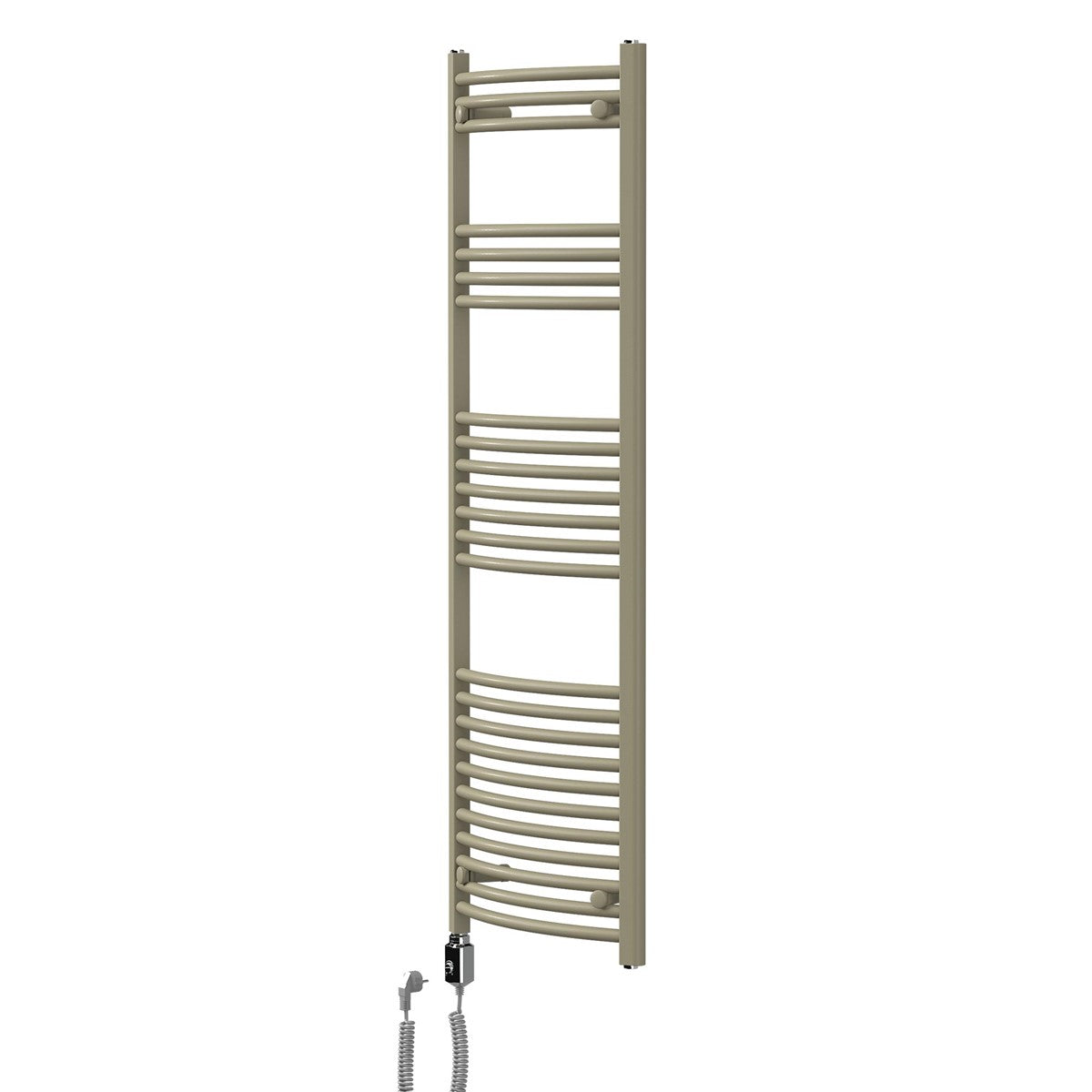 Beige Handtuchheizkörper an einer Wand mit glatten Fliesen.