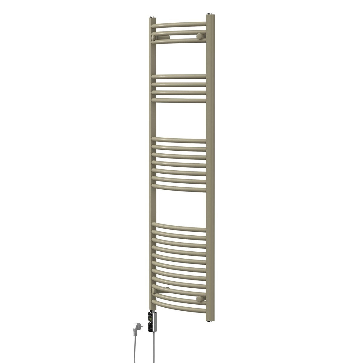 Beige Heizkörper an einer Wand, mit Stromanschluss, auf grauem Hintergrund.