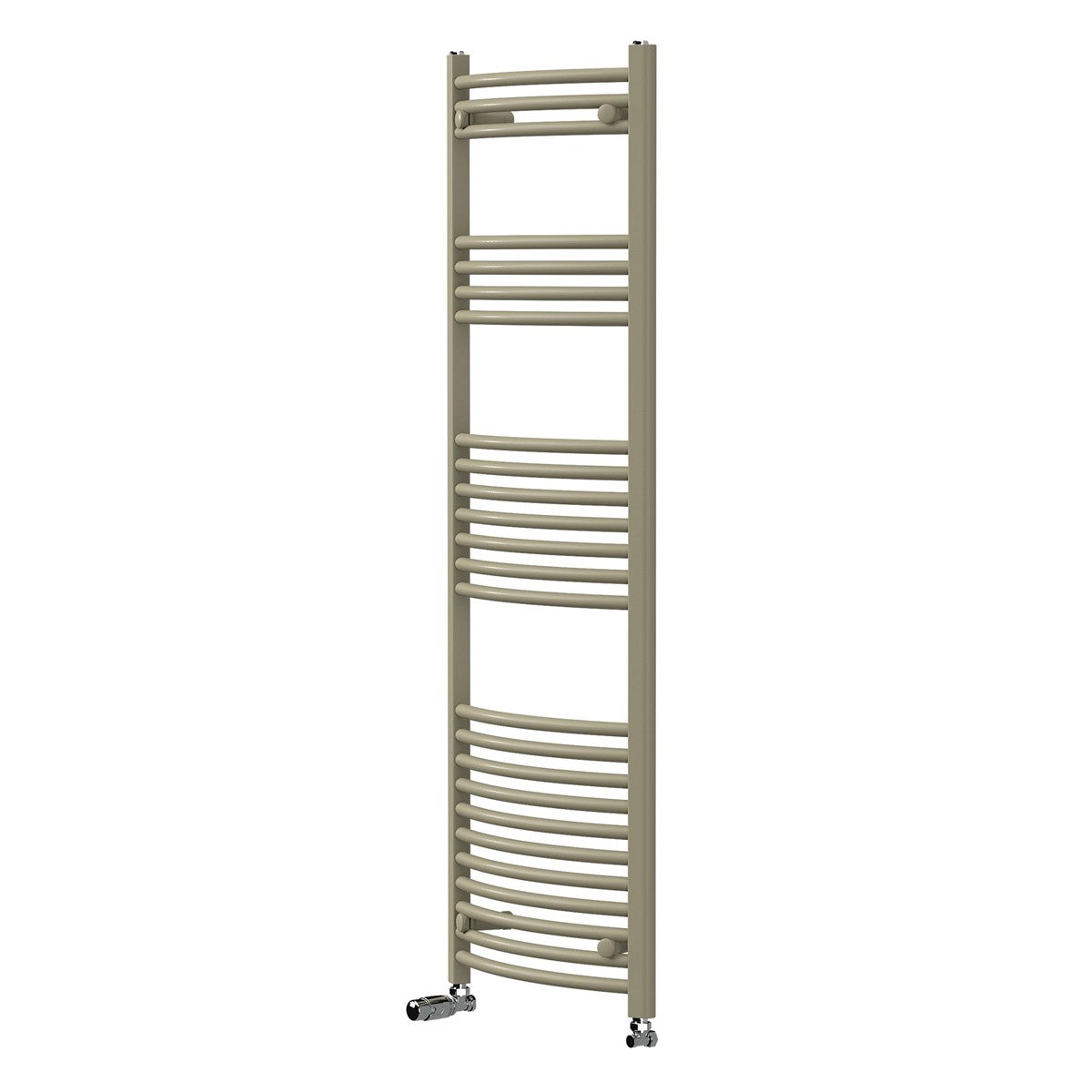 Beige Handtuchheizkörper vor grauer Wand, freistehend.