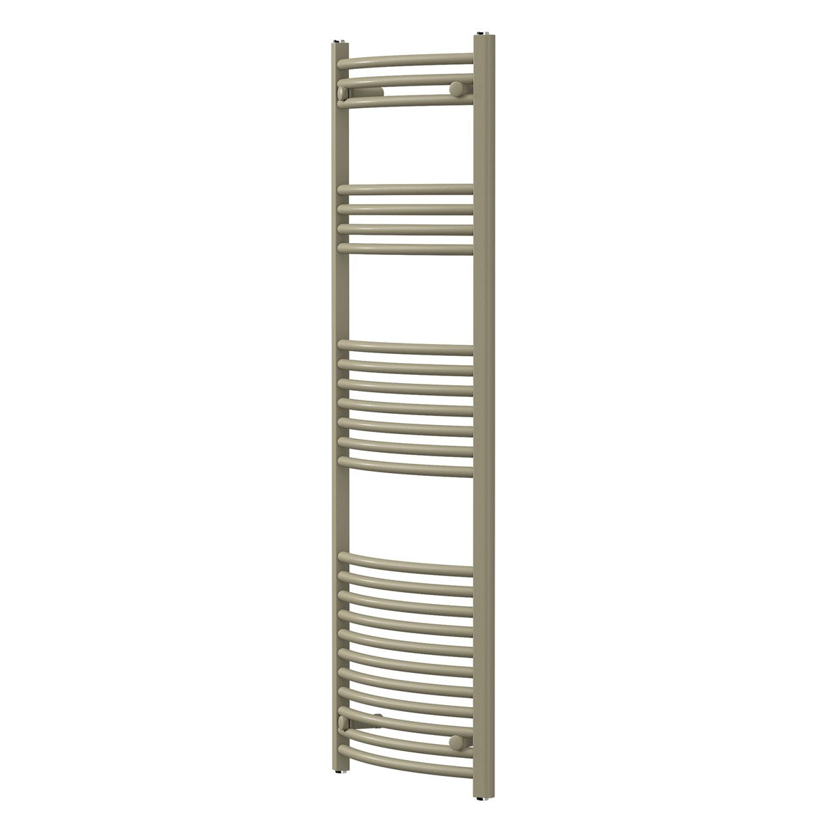 Ein Handtuchheizkörper mit geschwungenen Röhren in beige.