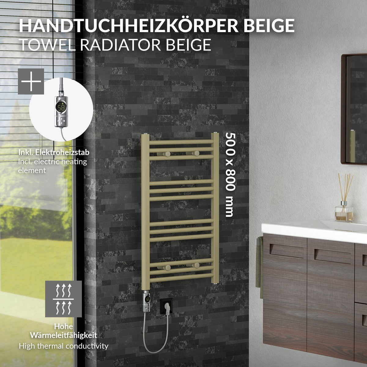 Beige Handtuchheizkörper mit technischen Details und Abmessungen.