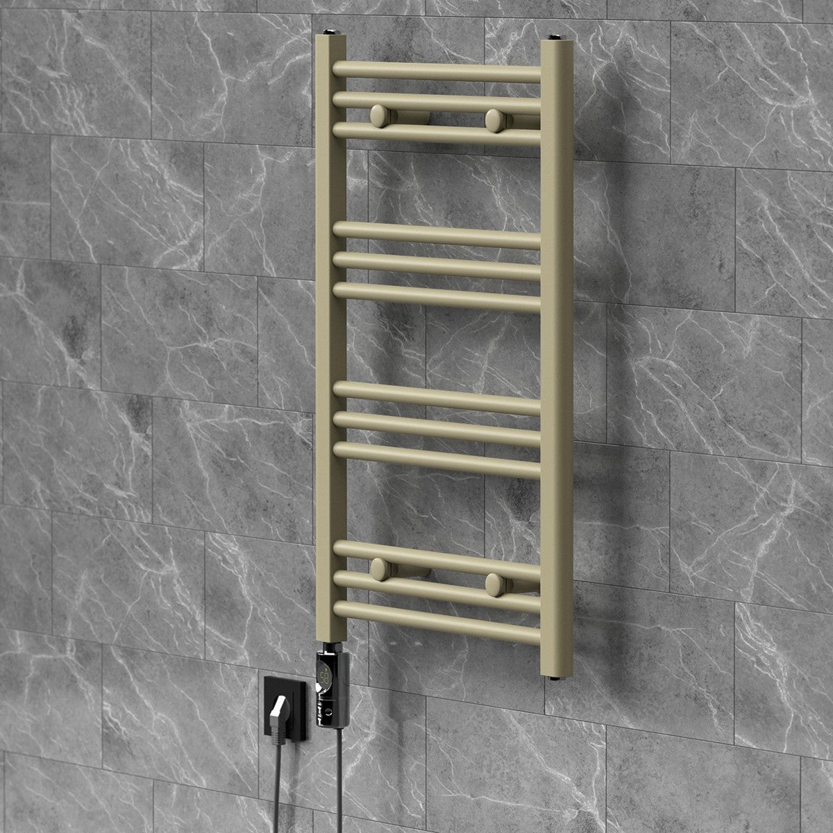 Sèche-serviettes beige sur un mur en pierre avec raccordement électrique.