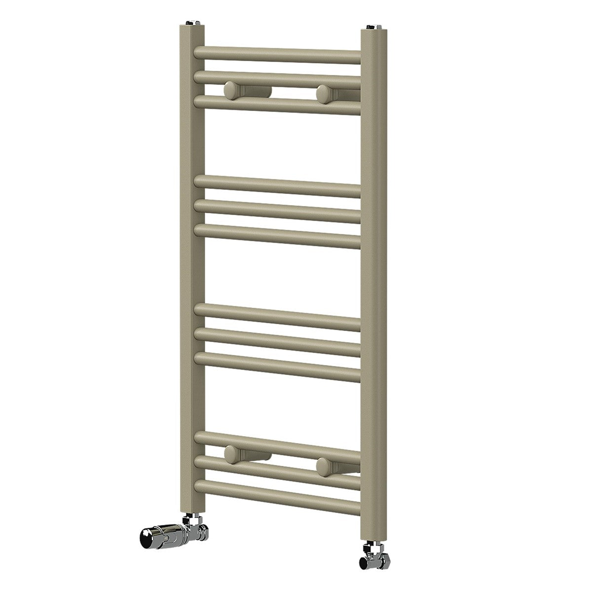 Heizkörper in beige mit mehreren horizontalen Rohren.
