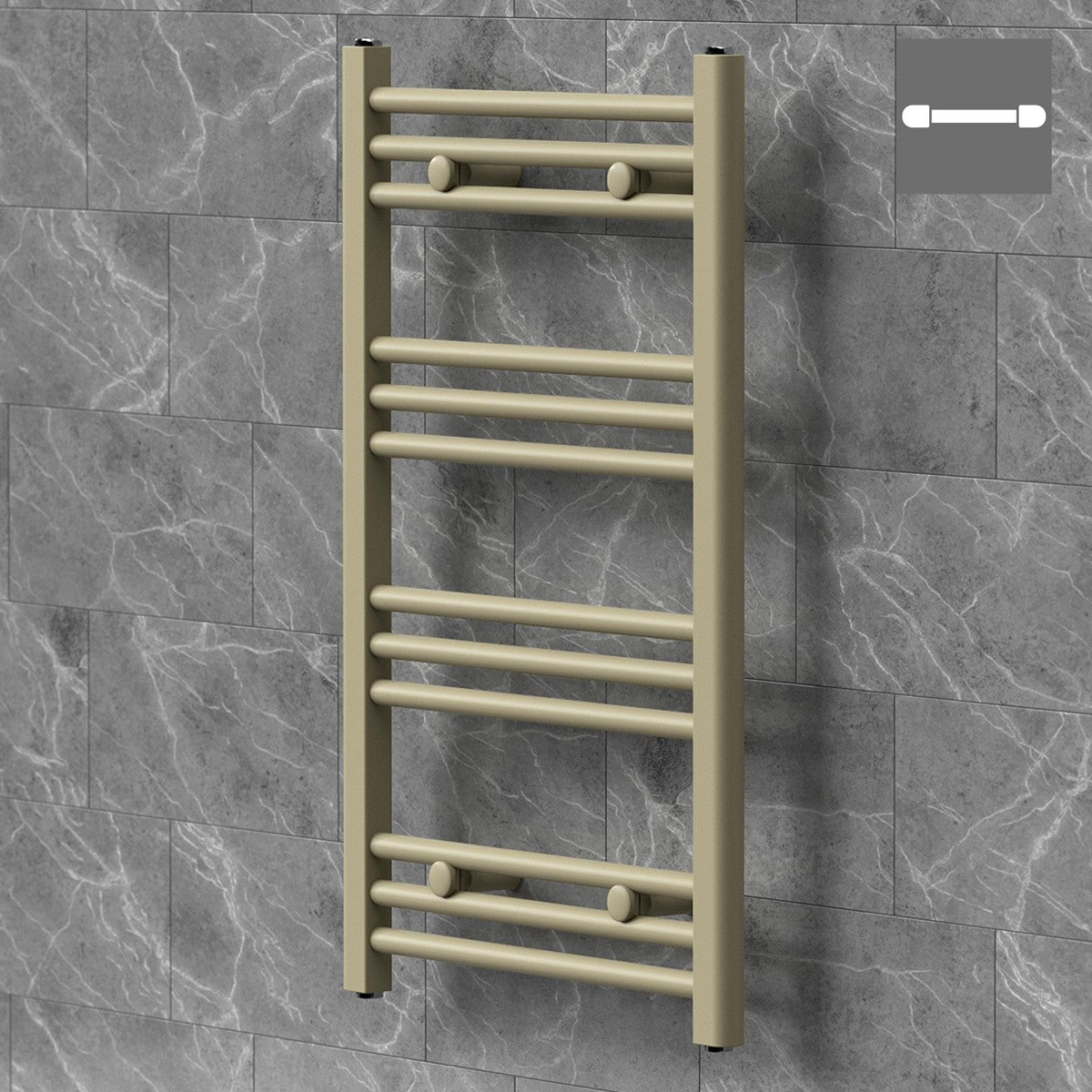 Un radiator pentru prosoape pe un perete de piatră gri.