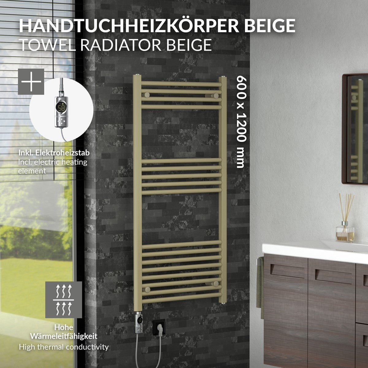 Beiger Handtuchheizkörper an einer Wand mit Abmessungen und Anschlussdetails.
