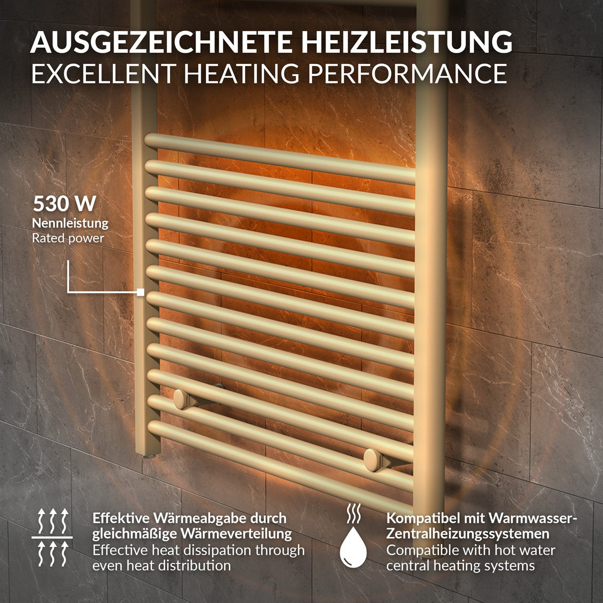 Heizkörper mit horizontalen Röhren, beige auf einer Steinwand.