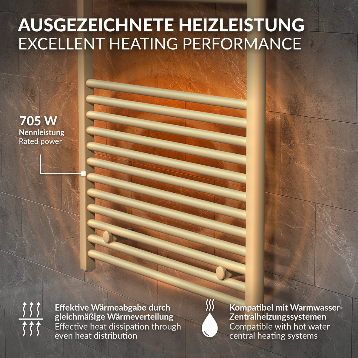 Heizkörper mit horizontalen Röhren, beige auf einer Steinwand.