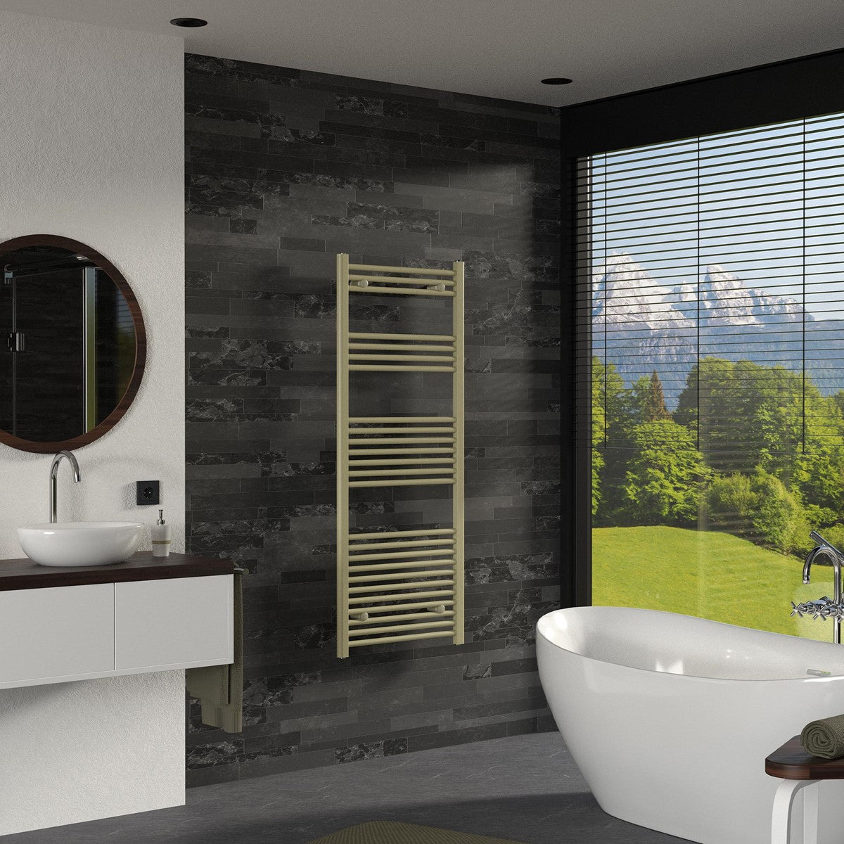 Heizkörper an einer Wand in einem modernen Badezimmer mit Fenster und Blick auf die Natur.