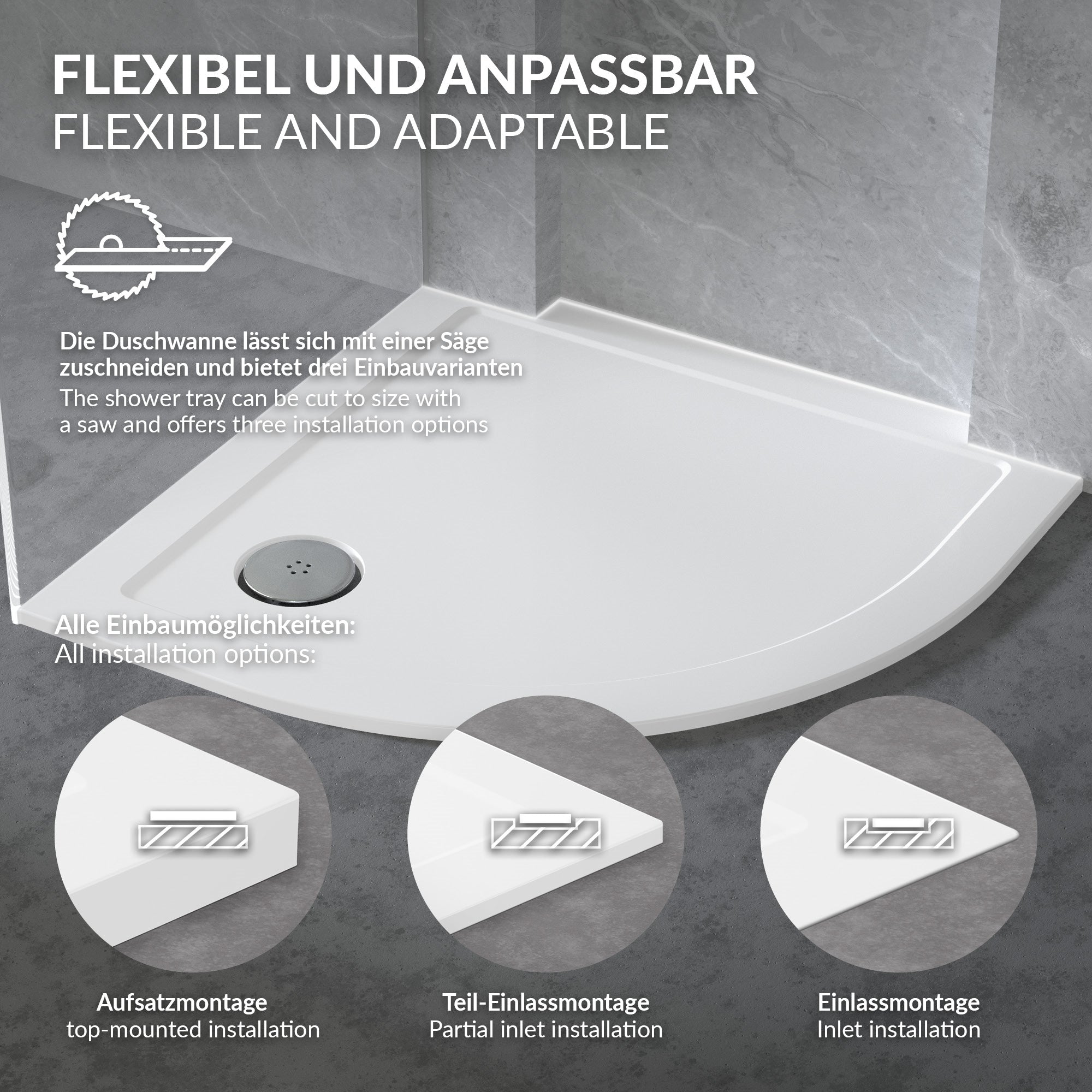 Duschwanne mit verschiedenen Einbaumöglichkeiten und einem Siphon.