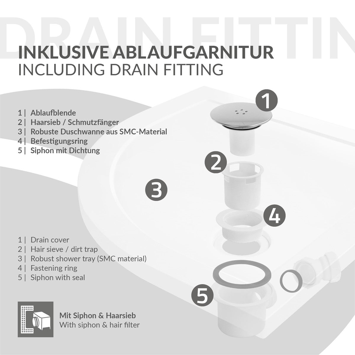 Illustration of the drainage function with parts and labels for shower trays.