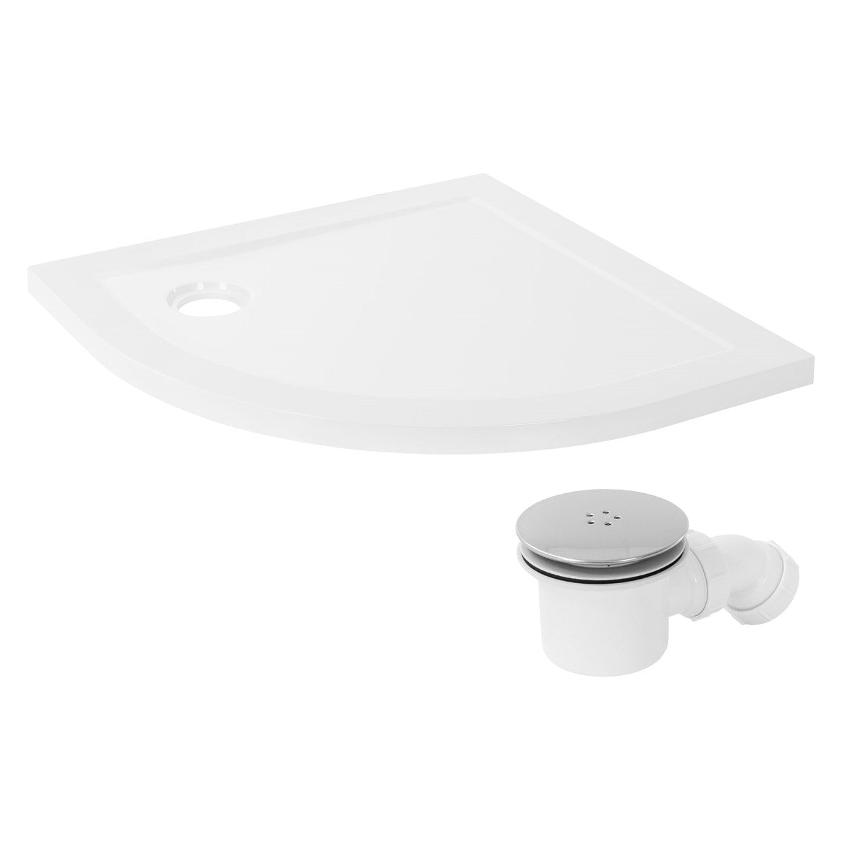 Shower tray and drain in white, with dimensions shown.
