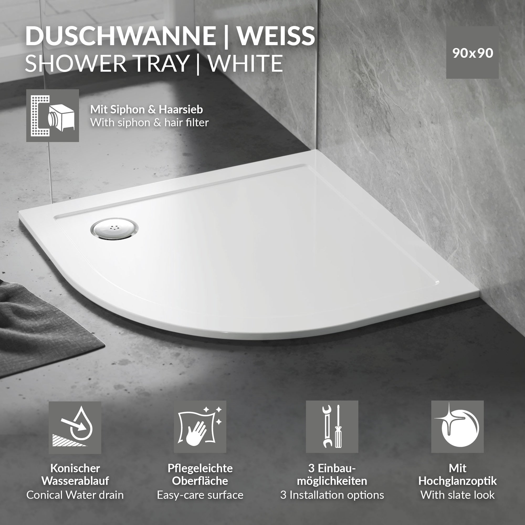 Weiße Duschwanne mit Siphon und Haarfilter, 90x90 cm.
