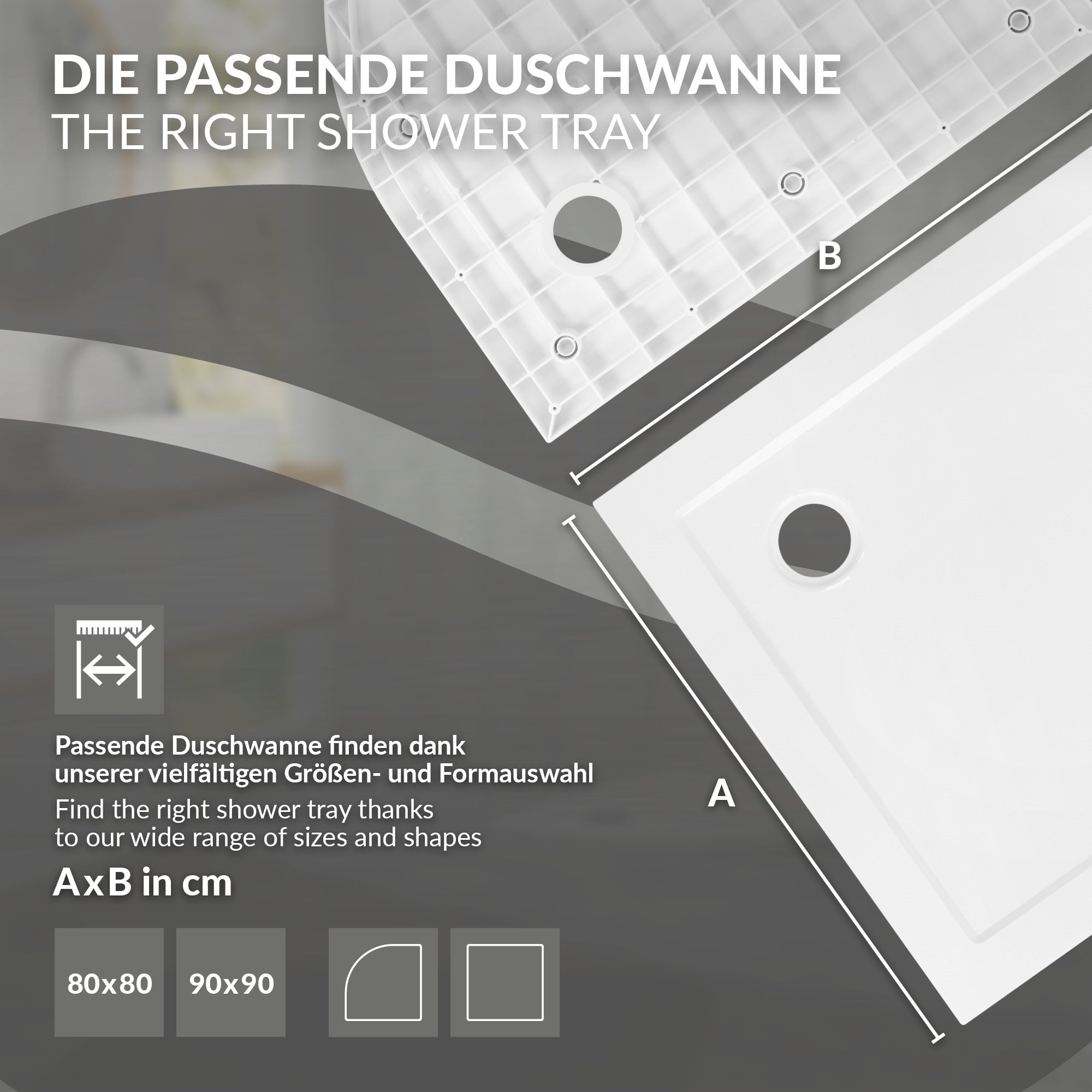 Grafik mit Informationen zu Duschwannen und Größenoptionen.
