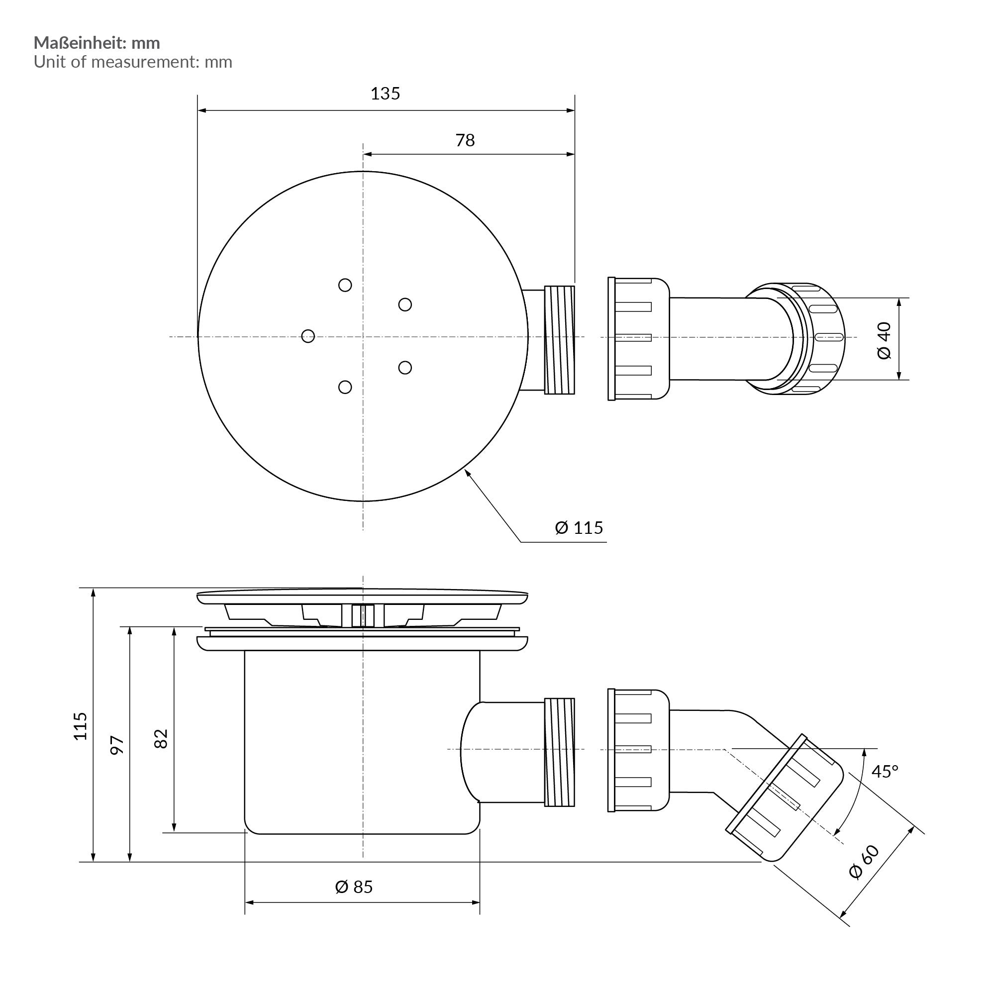 Technische Zeichnung eines Abflusses mit Maßen in Millimetern.