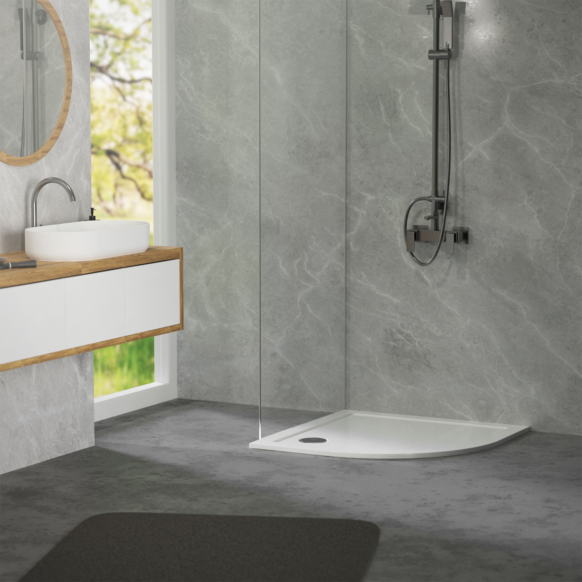 Moderne Dusche mit Glasabtrennung und Holzwaschtisch in einem hellen Badezimmer.