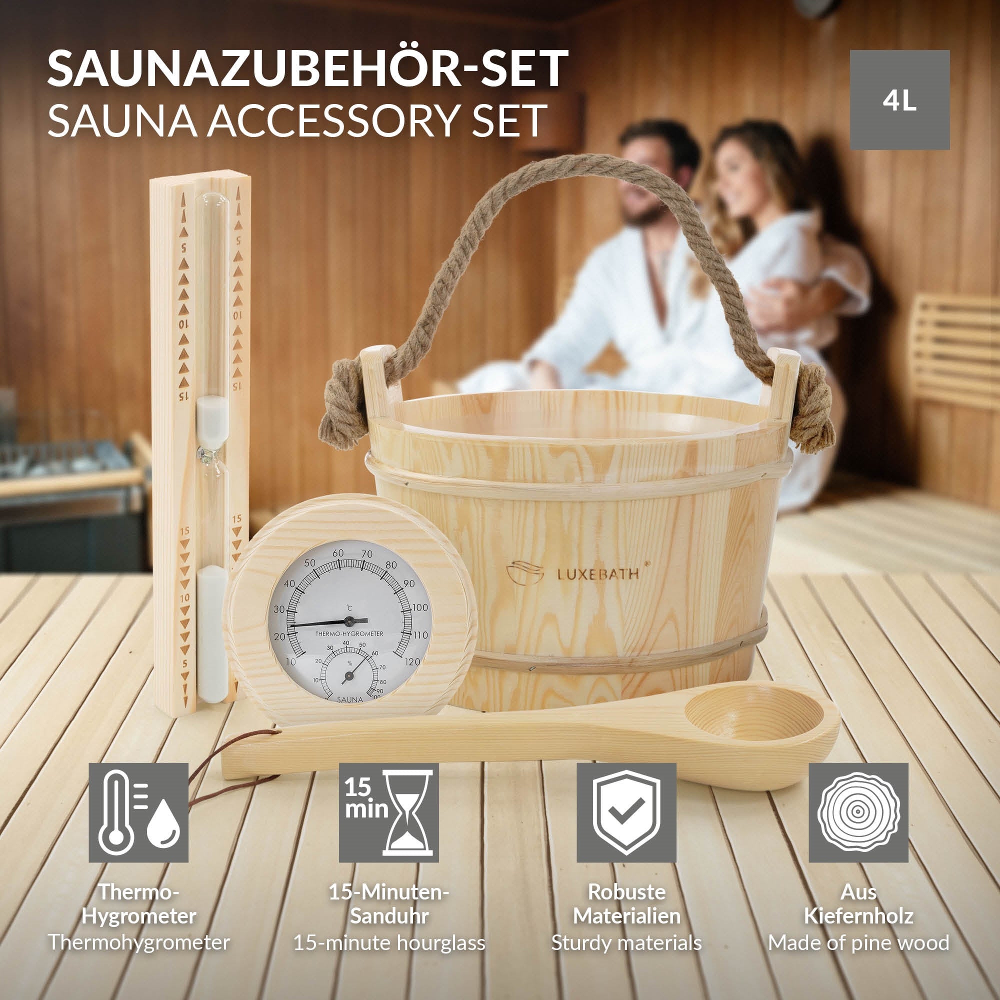 Saunazubehör-Set mit Holz-Eimer, Thermo-Hygrometer und Sanduhr.