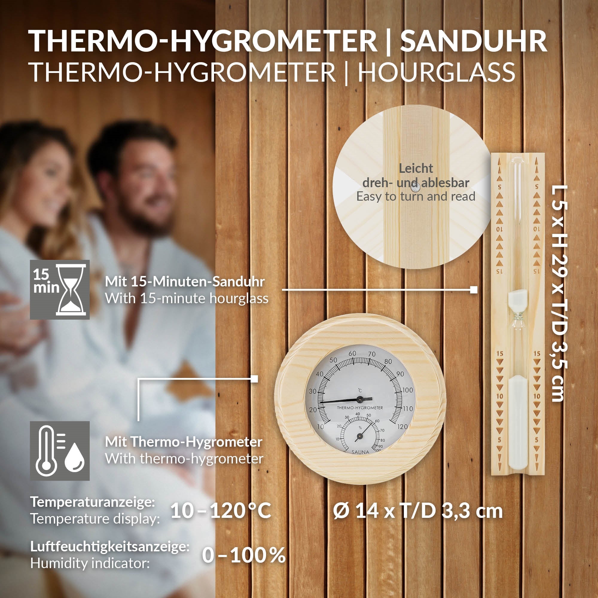 Thermo-Hygrometer und Sanduhr, Maße und Temperaturbereich sind angegeben.
