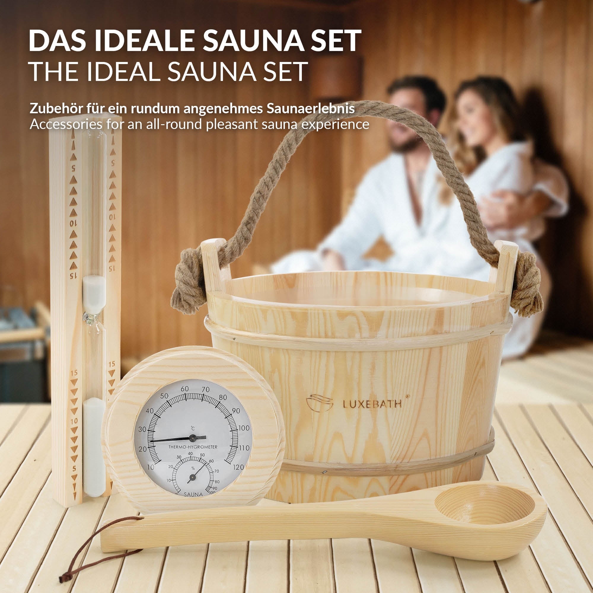 Ideales Sauna-Set mit Zubehör für ein angenehmes Saunaerlebnis.