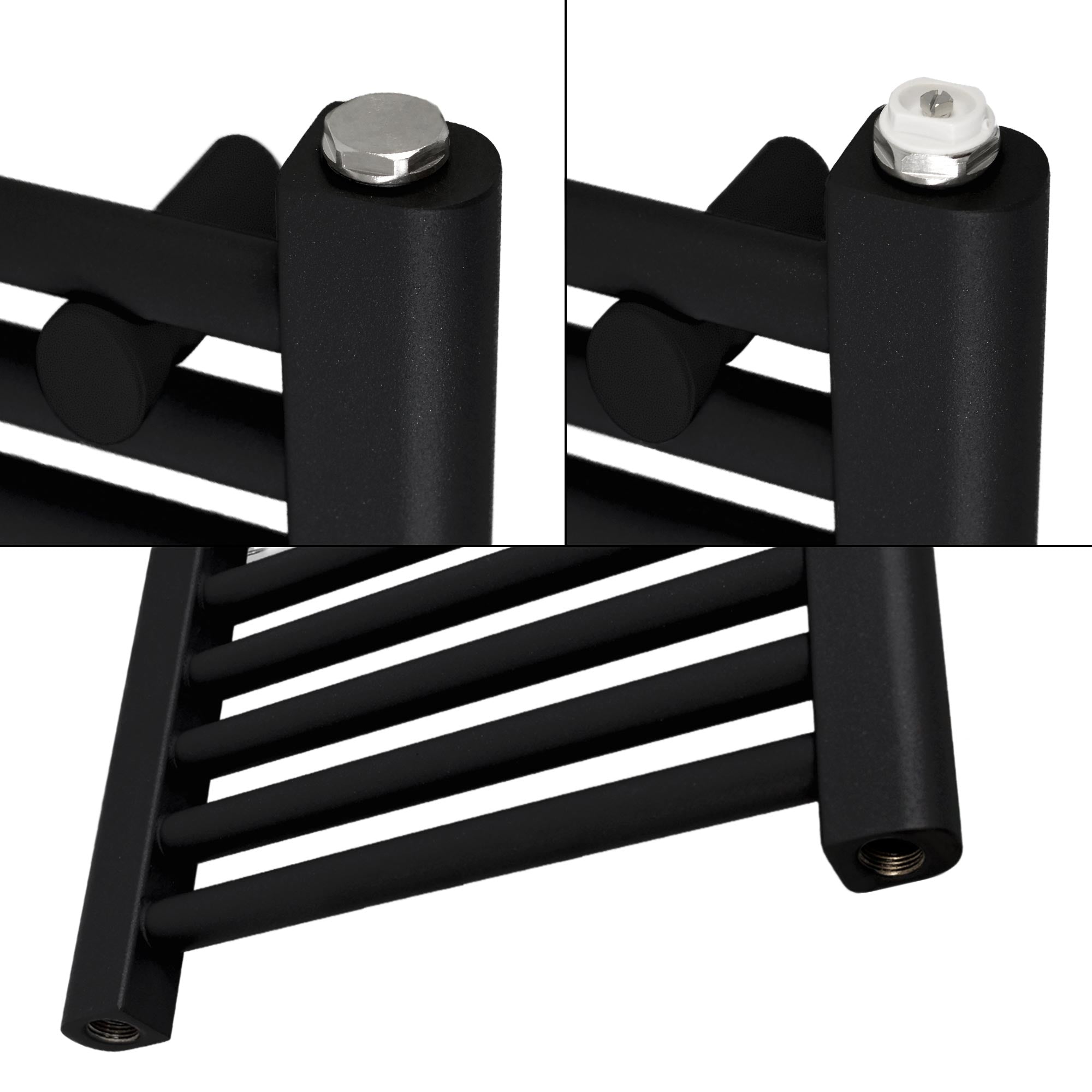 Detailansicht der Anschlüsse eines schwarzen Heizkörpers.