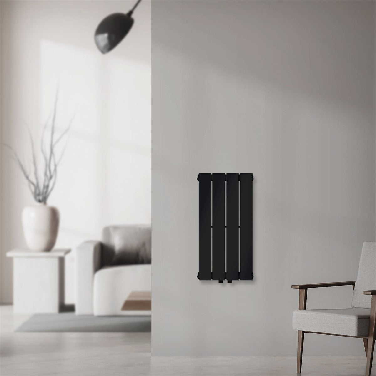 Black heating panel in a rectangular shape.