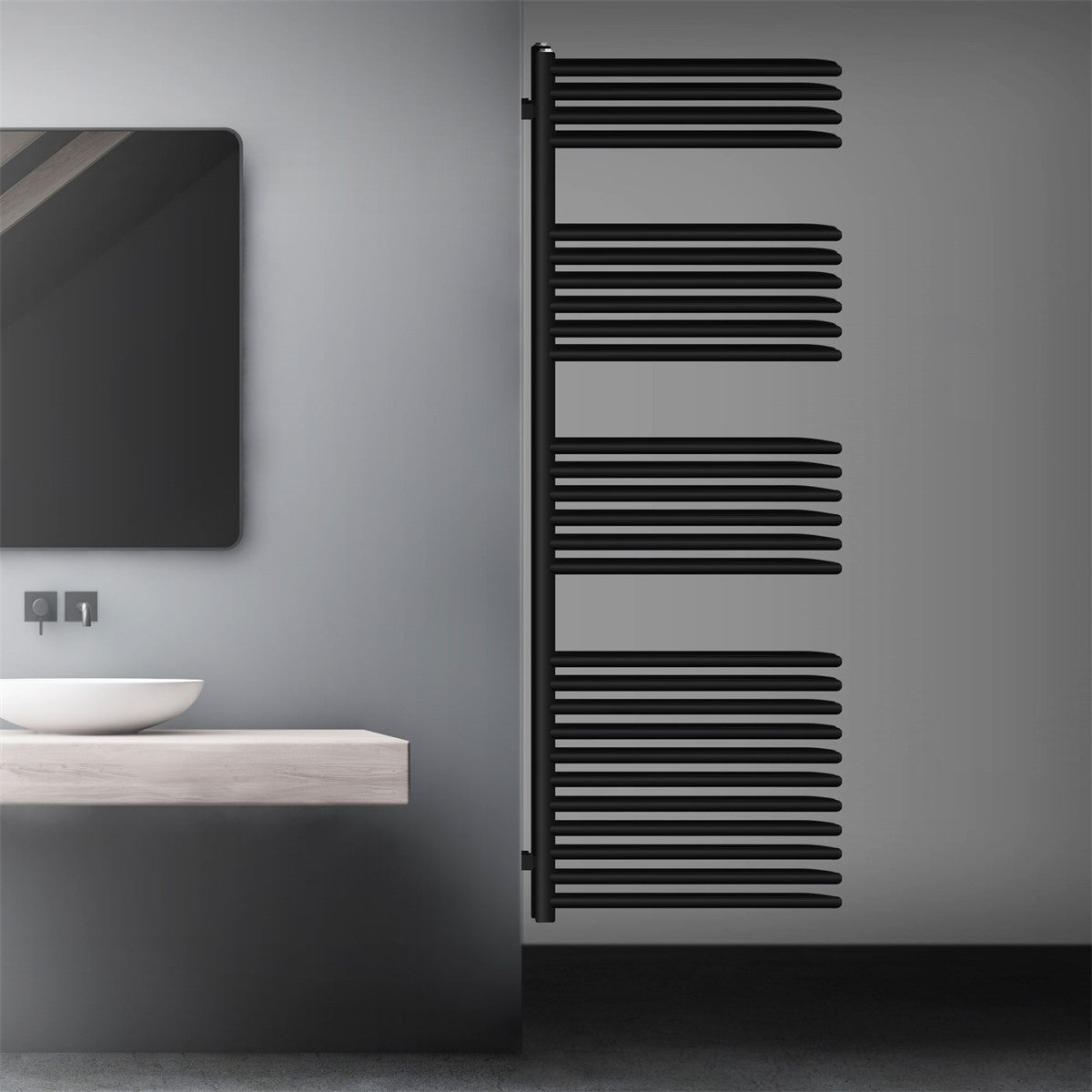 Schwarzer Heizkörper an einer Wand neben einem Waschbecken und Spiegel.