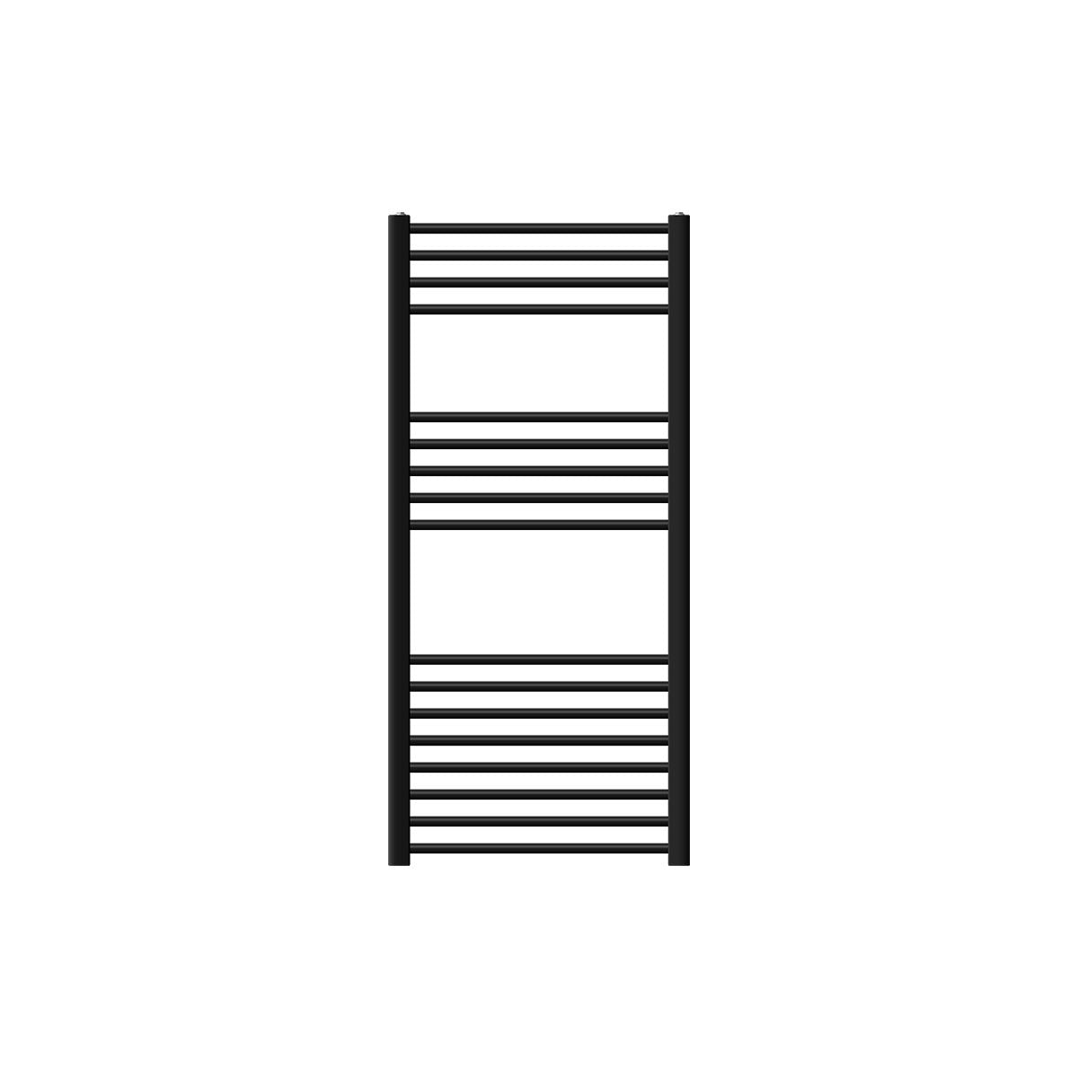 Black towel radiator with several horizontal tubes.