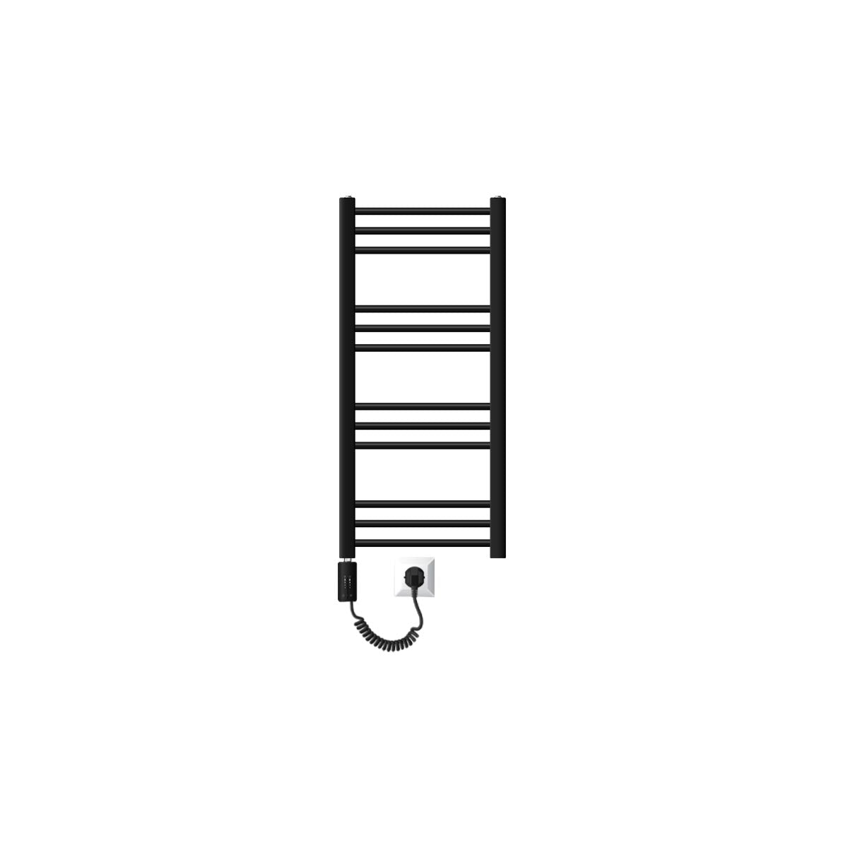 Small black towel radiator with few horizontal struts.