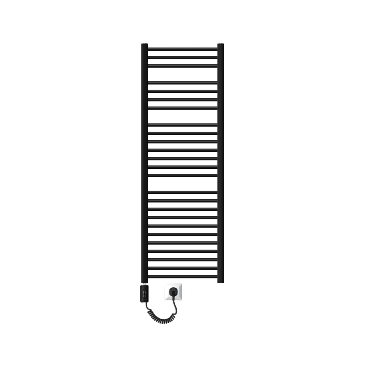 Medium-height black towel radiator with few horizontal bars.
