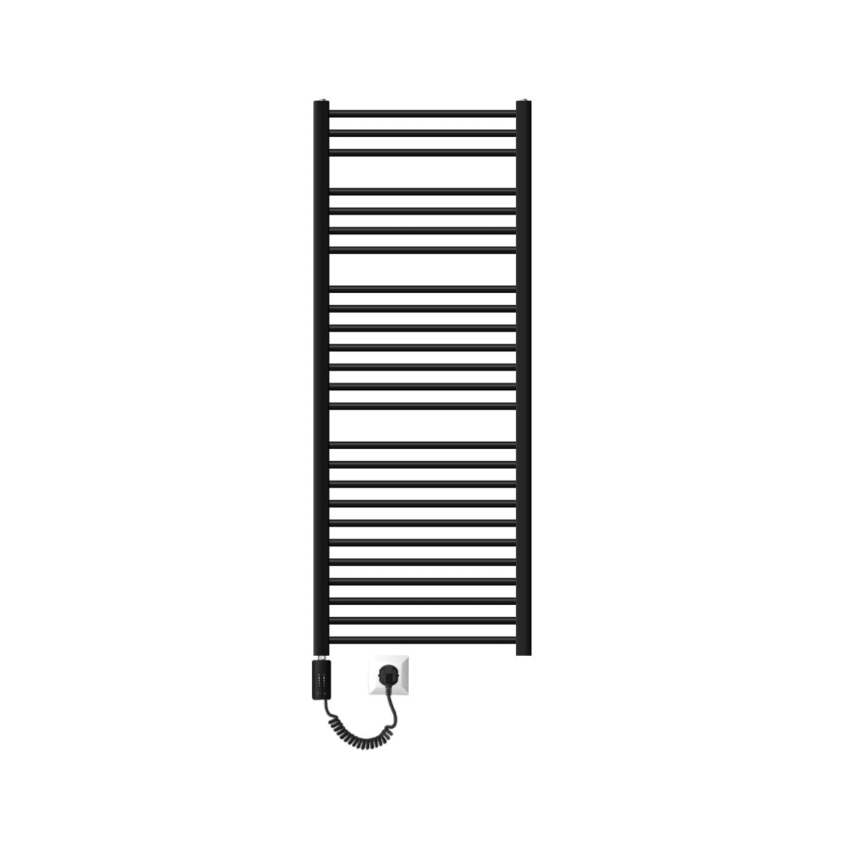 Black towel radiator with vertical bars and connection.