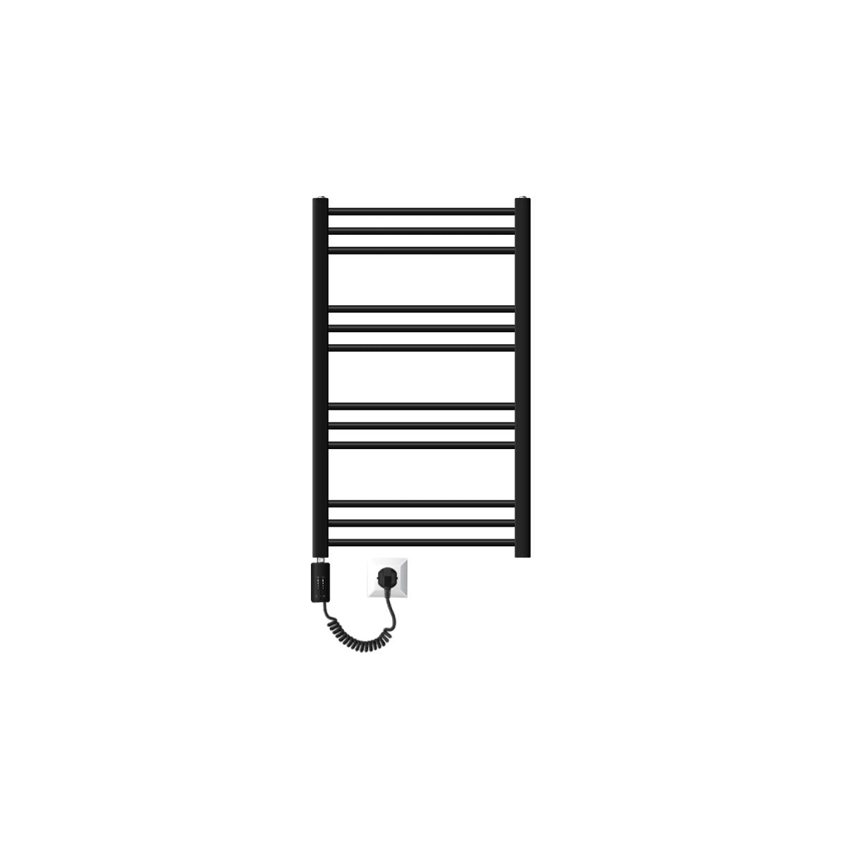 Kleine zwarte handdoekradiator met enkele horizontale stangen.