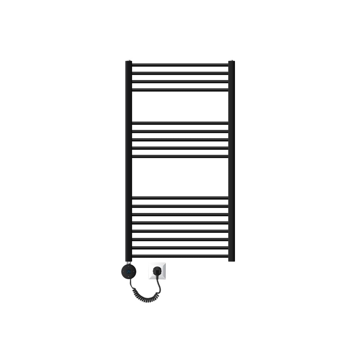 Radiateur à serviettes noir avec connexion et contrôle.
