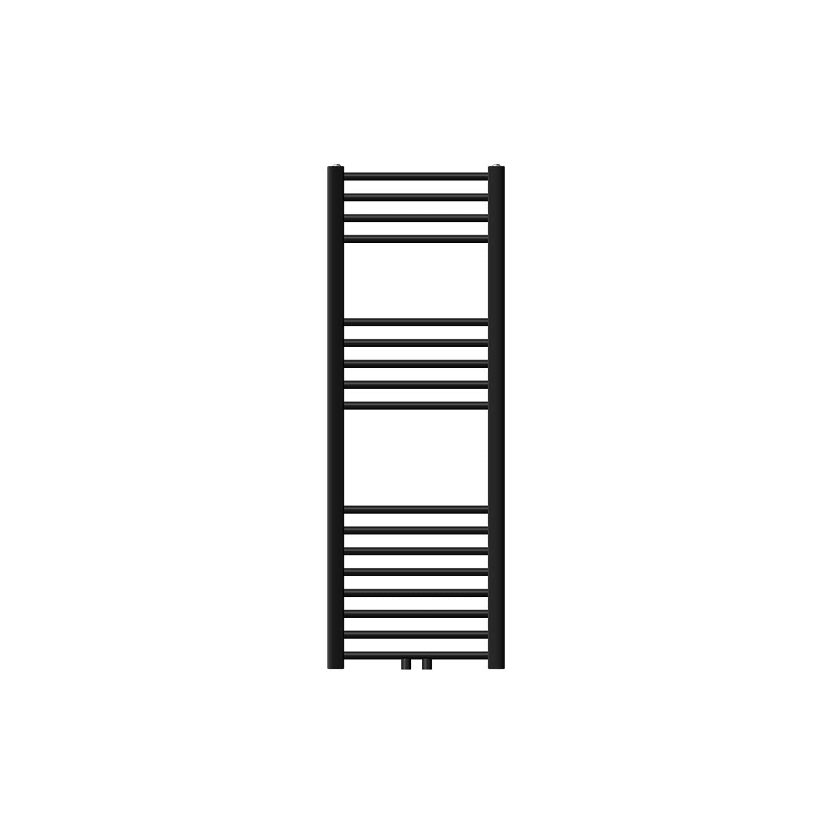 Sort radiator i mellemstørrelse, lodret med flere vandrette ribber.