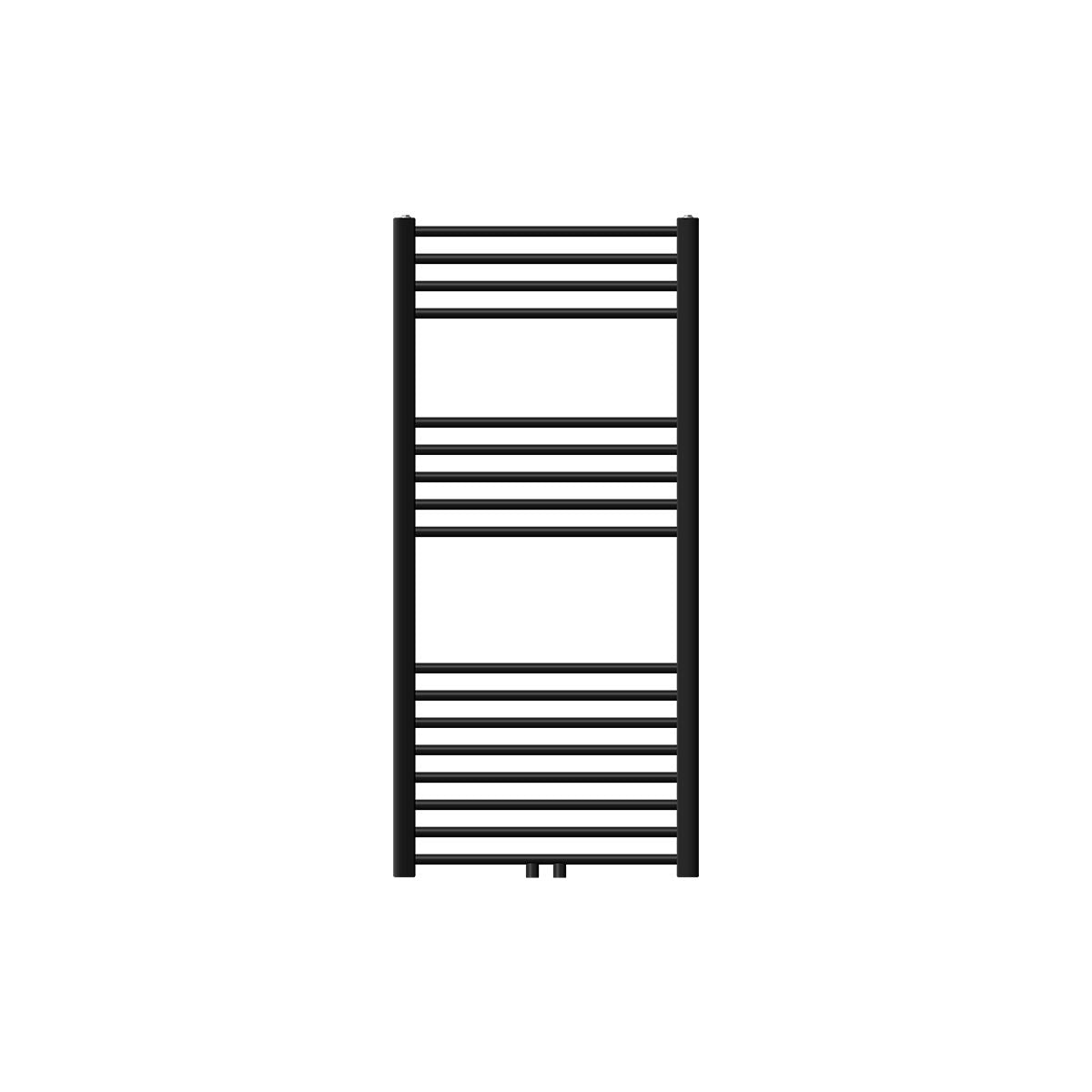 Sort radiator i mellemstørrelse, placeret lodret.