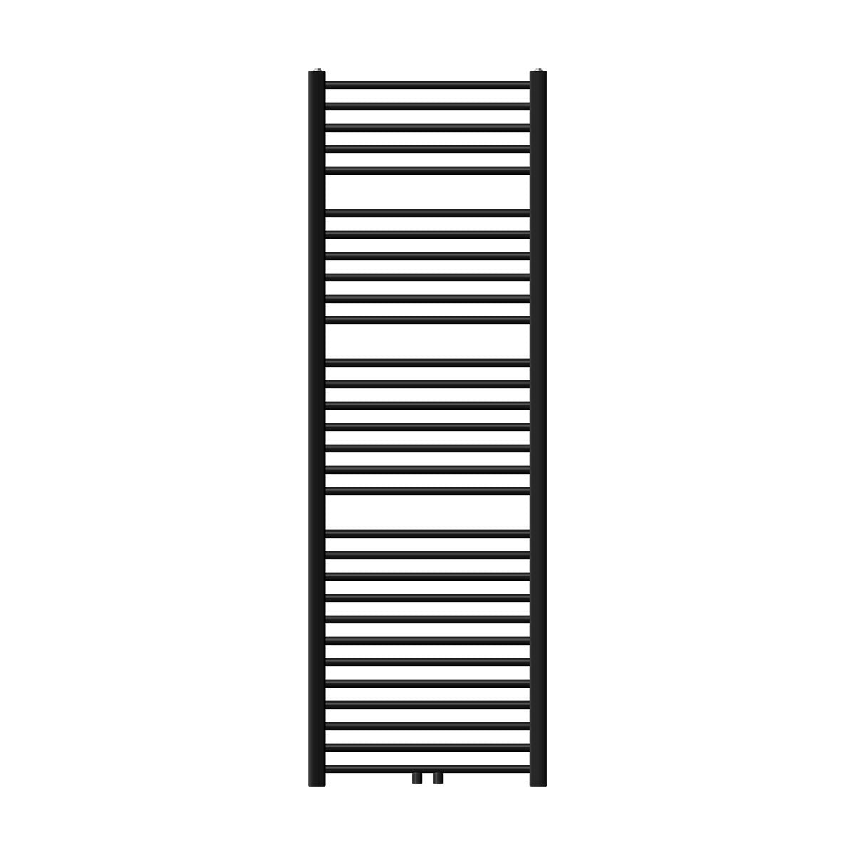 En sort radiator med lodrette lameller.