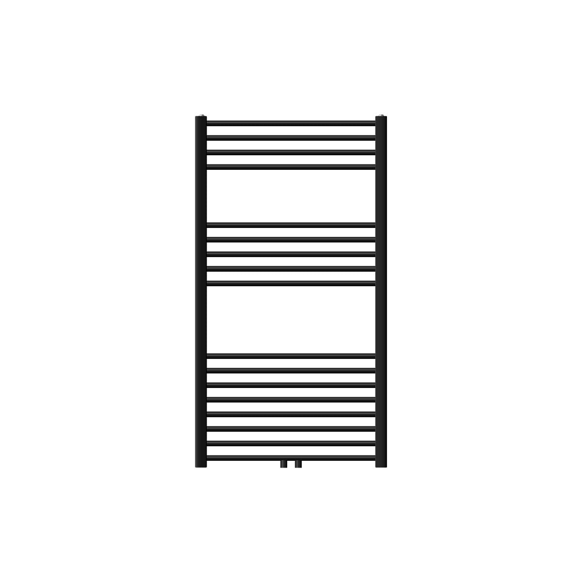 Sort radiator i mellemstørrelse, placeret lodret.