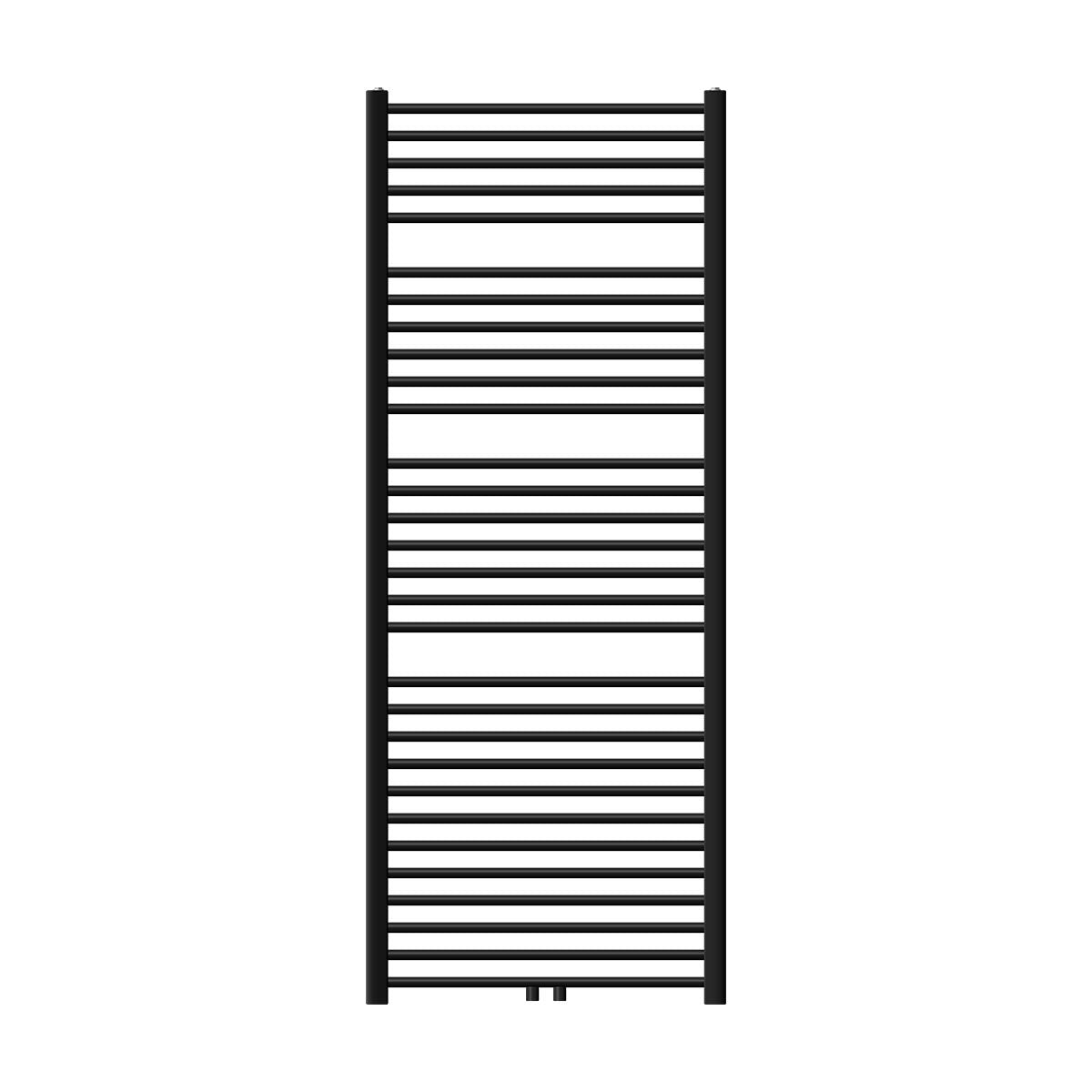 Sort radiator i mellemstørrelse, placeret lodret.