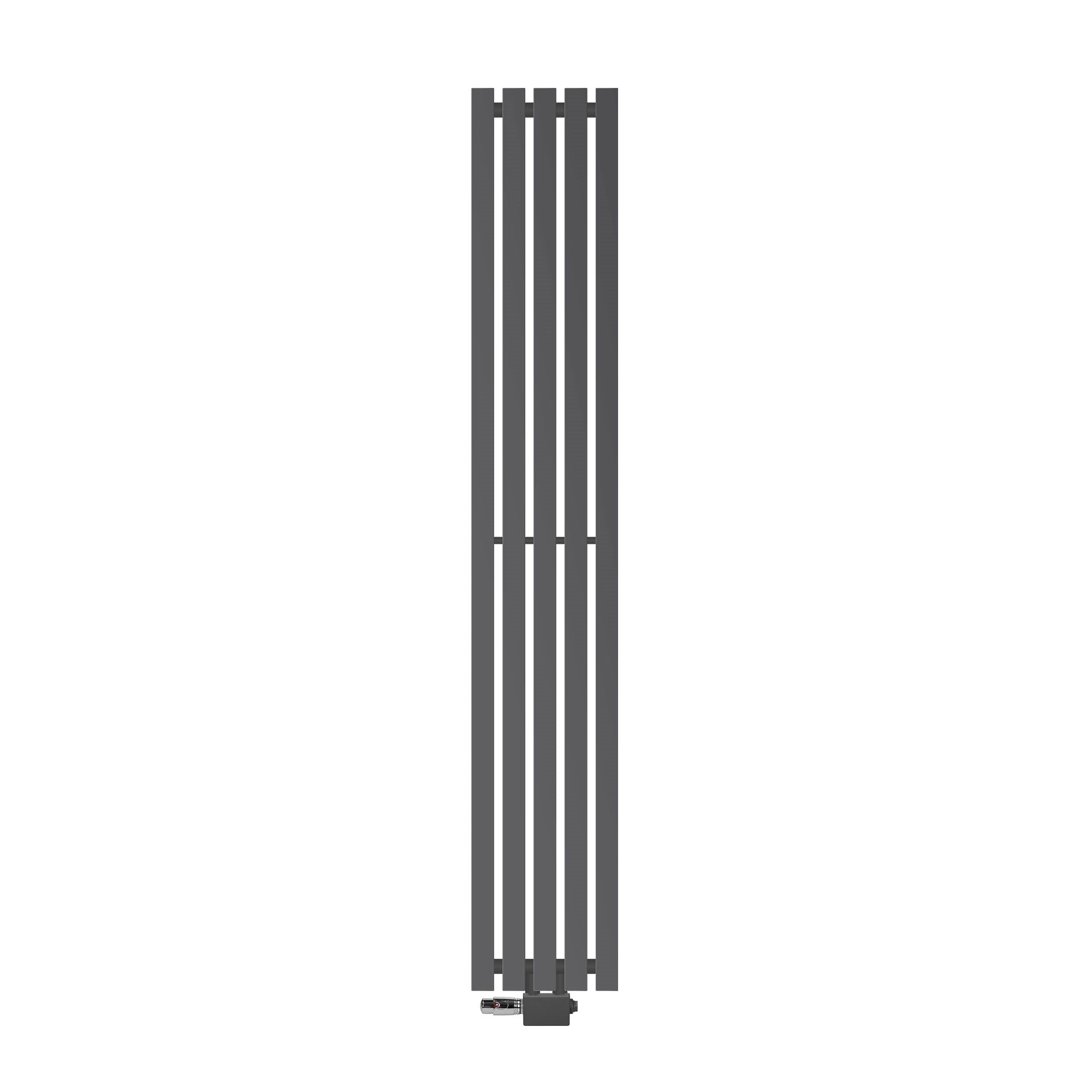 Anthracite radiator with vertical fins.