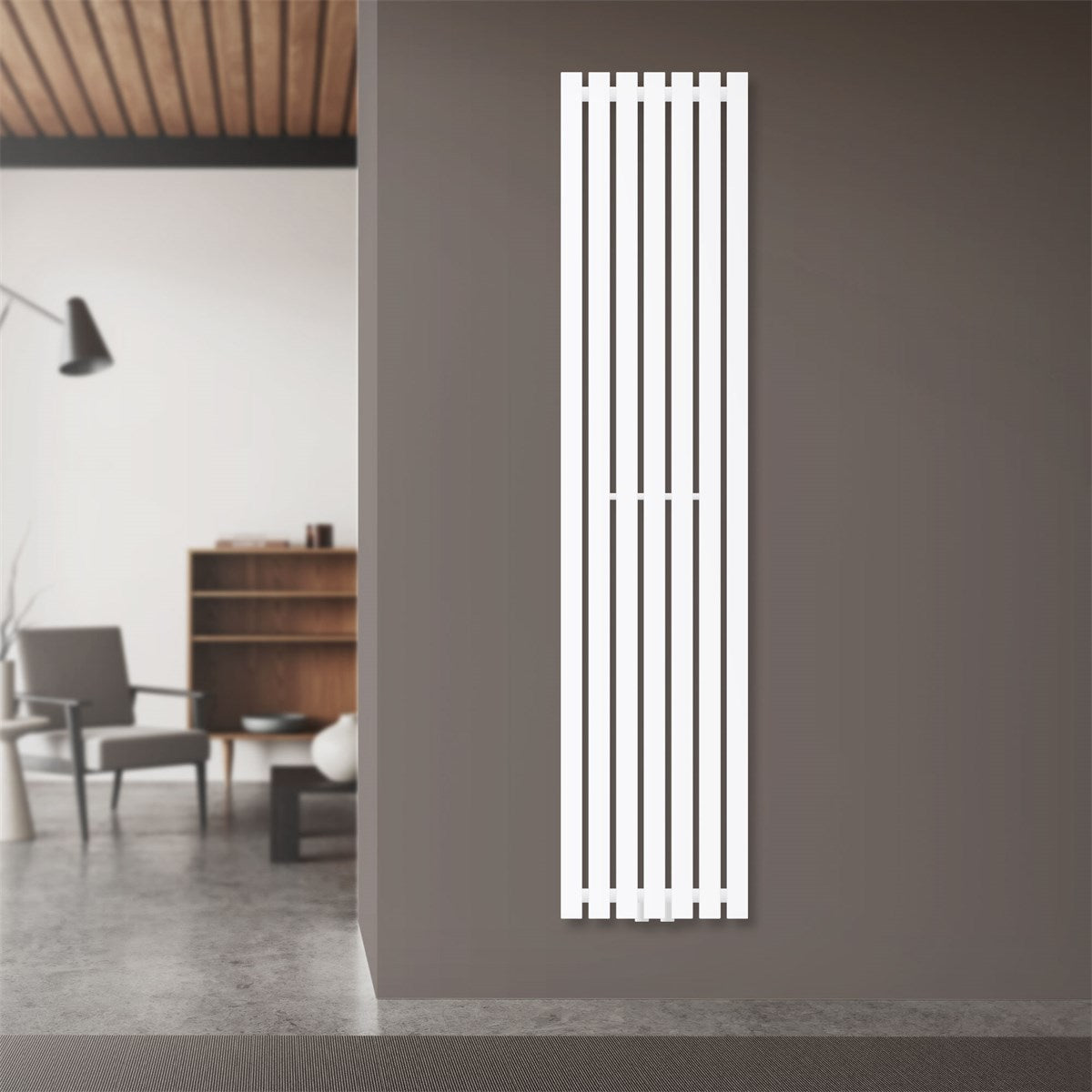Vit radiator på en vägg i ett modernt rum.
